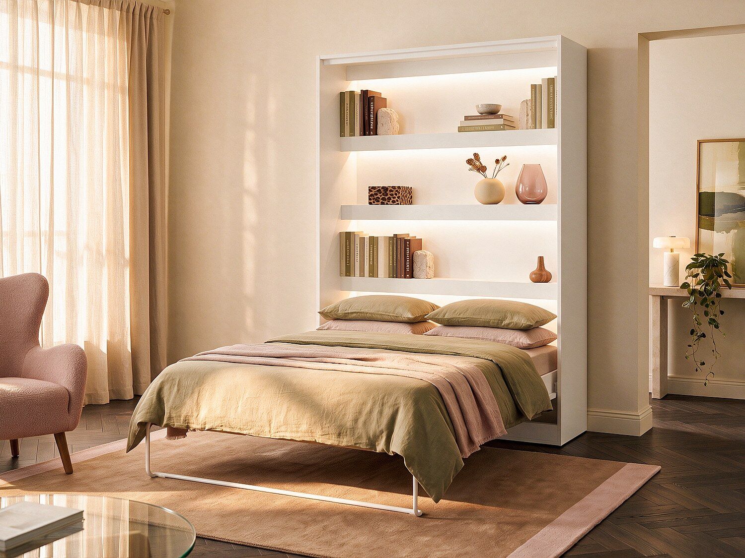 Unique Cama abatible 140 x 200 cm - Apertura vertical manual - Con LEDs - Blanco - RAPILI