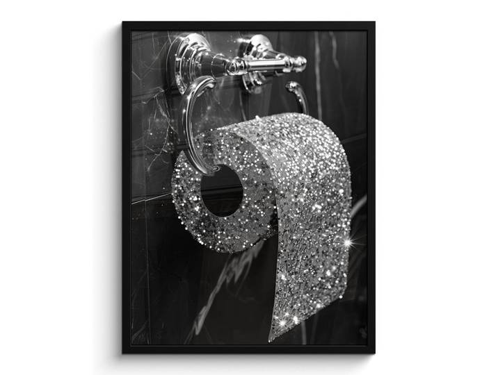 MuchoWow Poster MIT Rahmen WC - Toilettenpapier - Schwarz und weiß - Glitter Posterleiste 60x80 cm, Silberfarben, Papier, Rechteckig, 60x80 cm, gerahmt, Bilder & Rahmen, Bilder