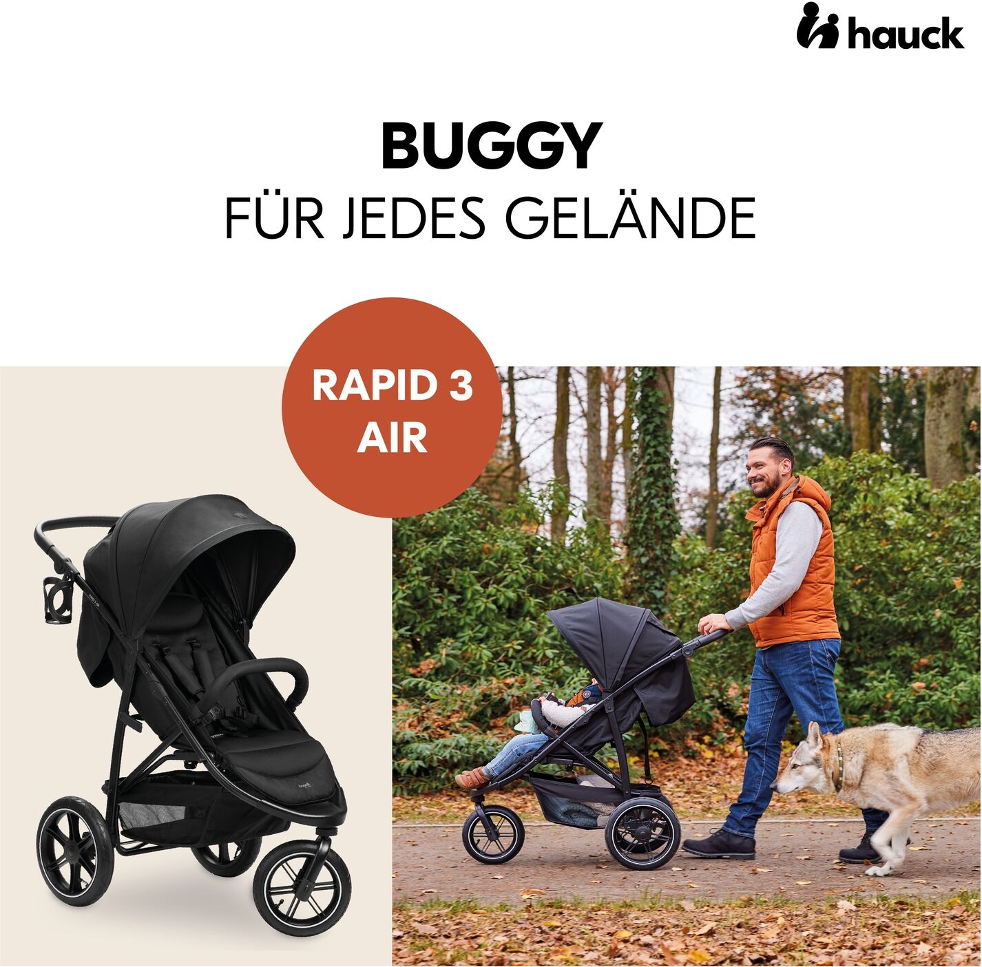 Kinder-Buggy HAUCK "Dreiradbuggy, Rapid 3 Air, black", Baby, schwarz, Kinderwagen Kinder-Buggy, mit schwenk/feststellbarem Vorderrad; Lufträder; bis 22 kg belastbar