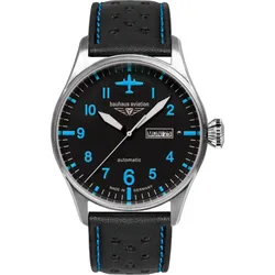 Bauhaus Herrenuhr Aviation Automatik 27663 - Leuchtzeigern,Schwarzes Ziffernblatt mit blauen,nachts leuchtenden Zahlen/Indices,blaue Naht,schwarz - 42mm
