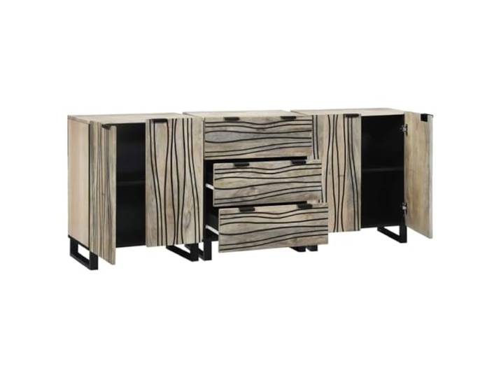 HGPOTUY Sideboard-Set 3er Weiß Massivholz Mangobaum CNC-Wellenmuster, Türen und Schubladen, Esszimmer, Stauraum, Griffe