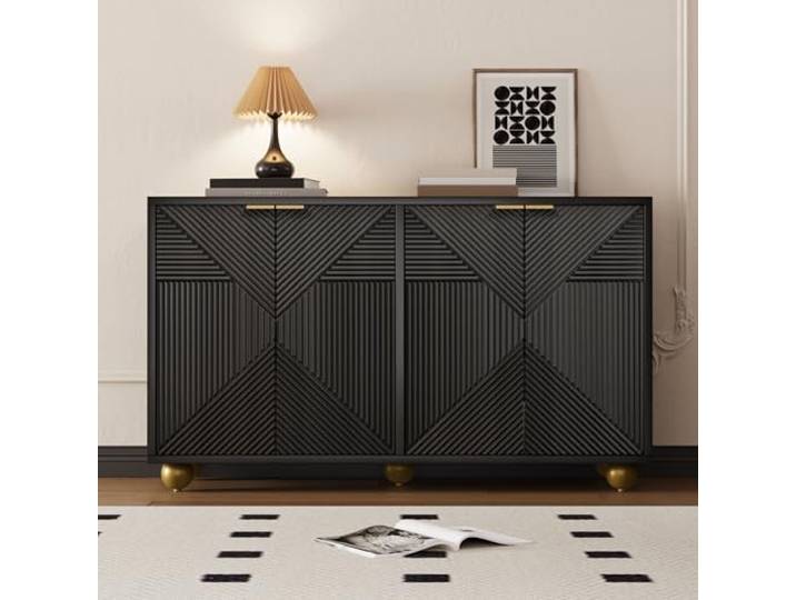 Ropilly Sideboard schwarz mit 4 Türen MDF Vintage 120 cm Mit verstellbaren Innenböden und Metallgriffen für ordentliches Verstauen im Alltag.