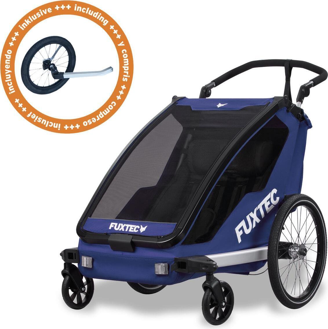 FUXTEC Fahrradanhänger/Jogger FX-FA1-SET-BLAU - inklusive Jogger-Rad | Buggyfunktion |Faltbar | 5-Punkt-Gurtsystem | Insektennetz