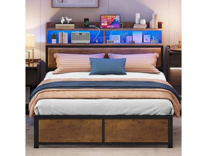 YITAHOME Bettrahmen, LED mit Kopfteil, USB-Anschlüssen und Ladeanschlüssen, Metall-Plattform-Bettrahmen mit 2 Ablagen, kein Boxspringbett erforderlich, Super-King-Size-Größe, Holzfarbe