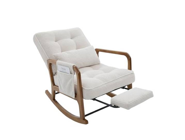 Ropilly Schaukelstuhl mit Fußstütze aus Cord beige verstellbar Mit 3-fach verstellbarer Rückenlehne, Lendenkissen und Seitentasche für entspanntes Lesen, Stillen und Ausruhen.