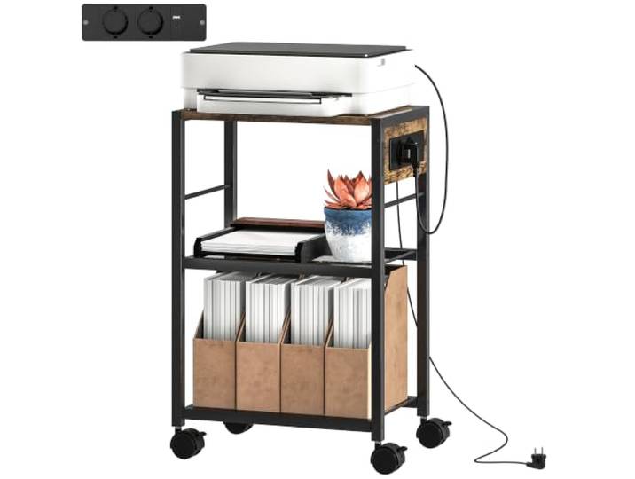 HOMCOM Druckerständer mit 3 Ebenen Rollen 42 x 28 x 64,5 cm Rustikalbraun