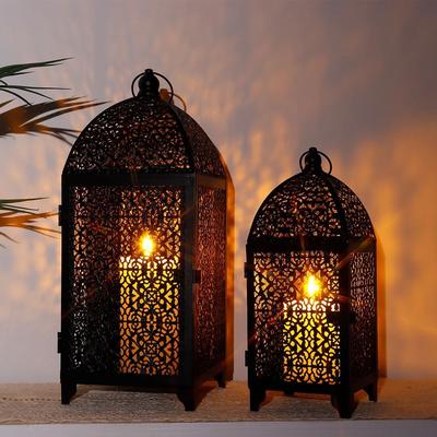 Uplift Essentials 2 Piece Decorative Metal Candle Lantern Set High Definition Hollow Pattern Hanging Lanterns 2 Piece Decorative Metal Candle Lantern Set High Definition Hollow Pattern Hanging Lanterns