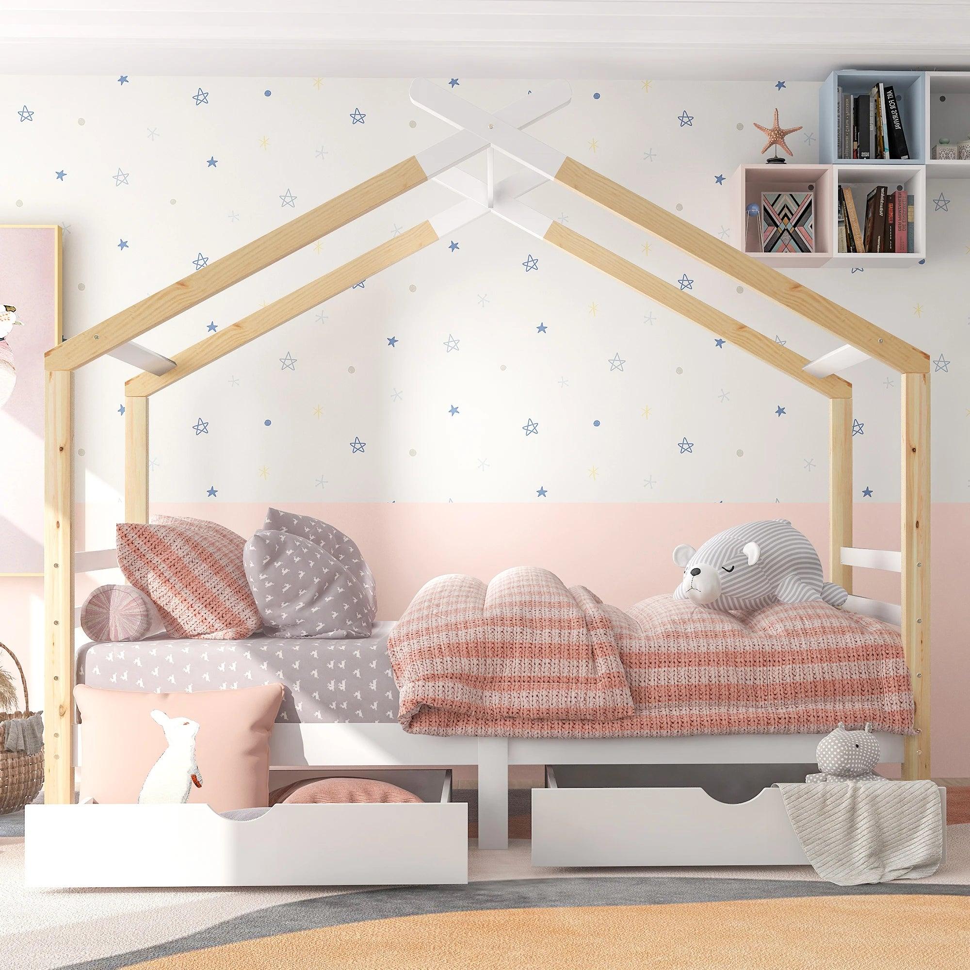 Kinderbett in Hausform - Kinderbettchen - Bett mit Hausform - Spielbett - Holzbett - Weiß - 90x200 cm - Robustes Kiefernholz