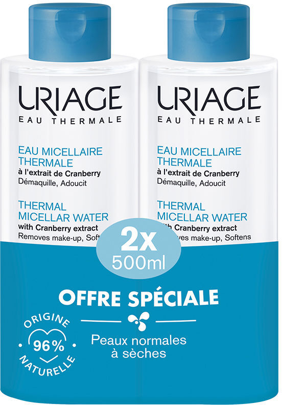 Uriage Eau Micellaire Thermale pour peaux normales à sèches, pack de 2 x 500 ml