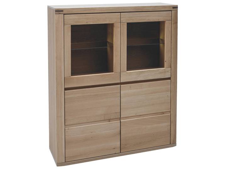 Voleo Highboard, Alteiche, Holz, Glas, Eiche, massiv, 2 Holz + 2 Glas Fächer, 118x140x38 cm, Beimöbel erhältlich, stehend, Holzmöbel, Kleinmöbel Holz, Holzkommoden, Highboards Holz