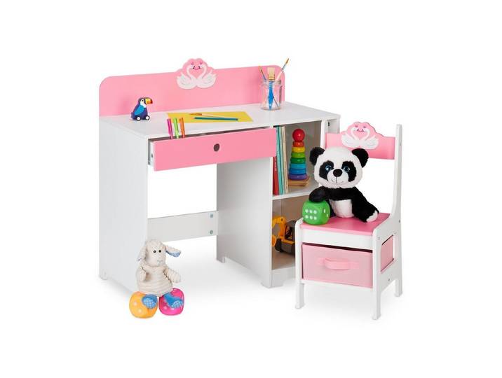 relaxdays Kinderschreibtisch Kinder Schreibtisch und Stuhl Schwan (2-St)