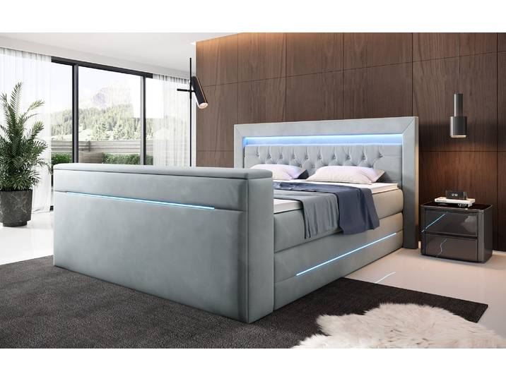 Boxspringbett Pluto mit TV Lift, RGB und Stauraum - 140x200 - Salbei - H4 (100kg+) - Luxusbetten24
