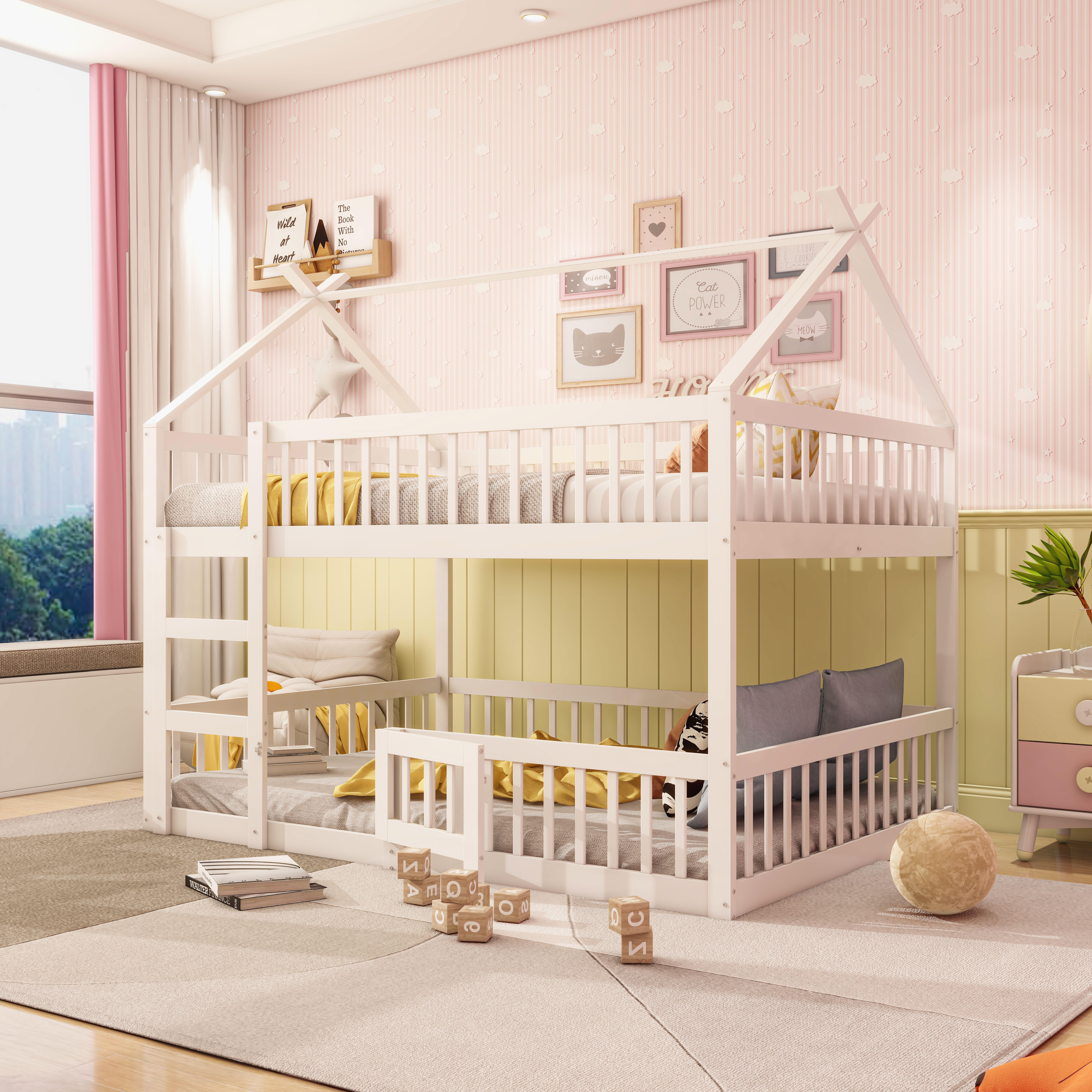 MODFU Kinderbett 140x200 mit Matratze x2,Etagenbett mit Matratze Jugendbett mit Treppe& Sicherheitszaun,Weiß