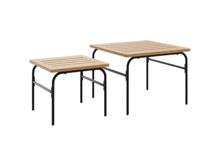 FDSAQOPT Outdoor-Satztische 2 STK. Braun und Schwarz Stahl Beistelltische und Fußhocker, pulverbeschichtetes Stahlgestell, Latten-Design, platzsparend verstaut