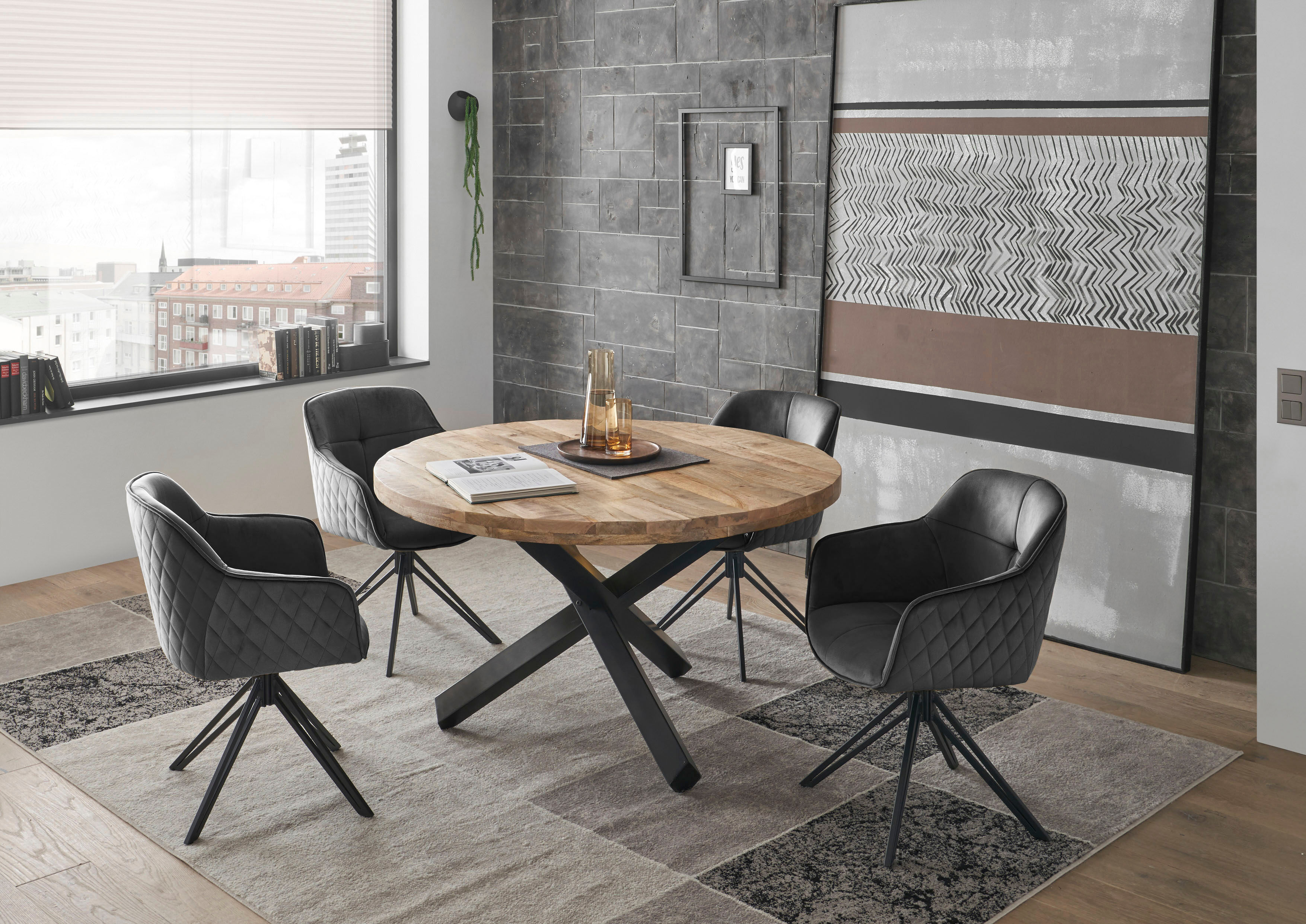 Esstisch STOLKOM "Ace", braun (braun, anthrazit antik finish, mango), Tische, Esstisch, rund, Esstisch in Massivholz Mango
