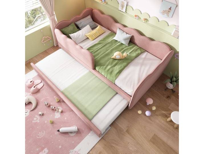 Canapé-lit 90x190 cm - Avec lit gigogne 90x190 cm - Décoration de vagues - Sommier à lattes - Velours - Rose (sans matelas)