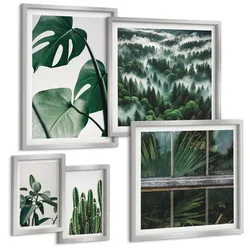 BILDER SET 5er Set - 50x50 cm & 20x30 cm & 40x60 cm Silberner Rahmen - Ästhetik tropischer Pflanzen