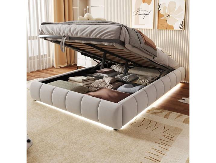 Lit rembourré 140x200 cm - TRUXEN8 - Beige - LED - Support hydraulique