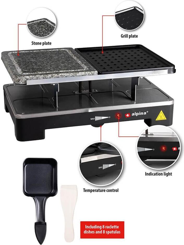 Alpina Design elektrische tabletop raclette-set met steengrill