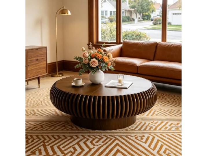 YPDOPORA Runder Geriffelter Couchtisch,Couchtisch aus Holz in Trommelform Runder Couchtisch aus Holz im Mid-Century-Modern-Stil mit stabilem Sockel für kleine Wohnzimmer