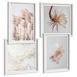 BILDER SET 4er Set - 50x50 cm & 40x60 cm Weißer Rahmen - Elegante Gräser, Blumen, Marmor