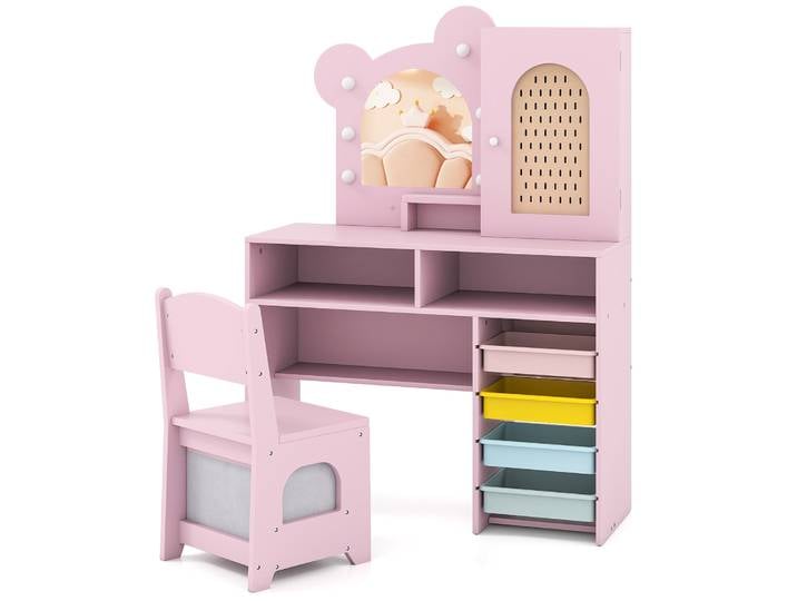 Table de maquillage pour enfants en forme d'ours, table de maquillage pour enfants avec éclairage, miroir, armoire, table de maquillage princesse en bois