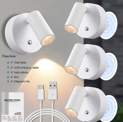 Inspire Picks 4PCS Rechargeable Magnetic LED Wall Lights 350 Rotatable Touch Dimmable Bedside Lamps white 4pc