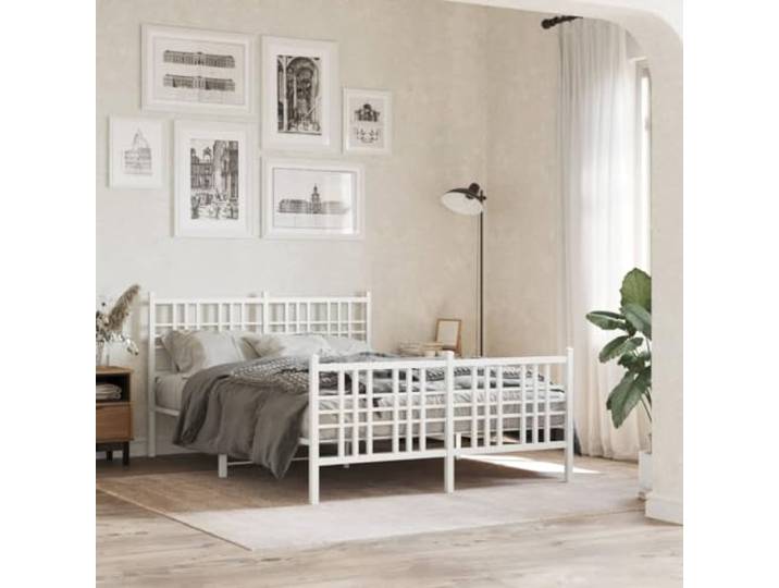 Stahl Metallkonstruktion Schlafzimmer Lattenrost Stauraum Weiß 140 x 190 cm Bettgestell Metall Weiß 140x190 cm mit Kopfteil und Fußteil, Stabiler Lattenrost, Stauraum unter dem Bett für Schlafzimmer