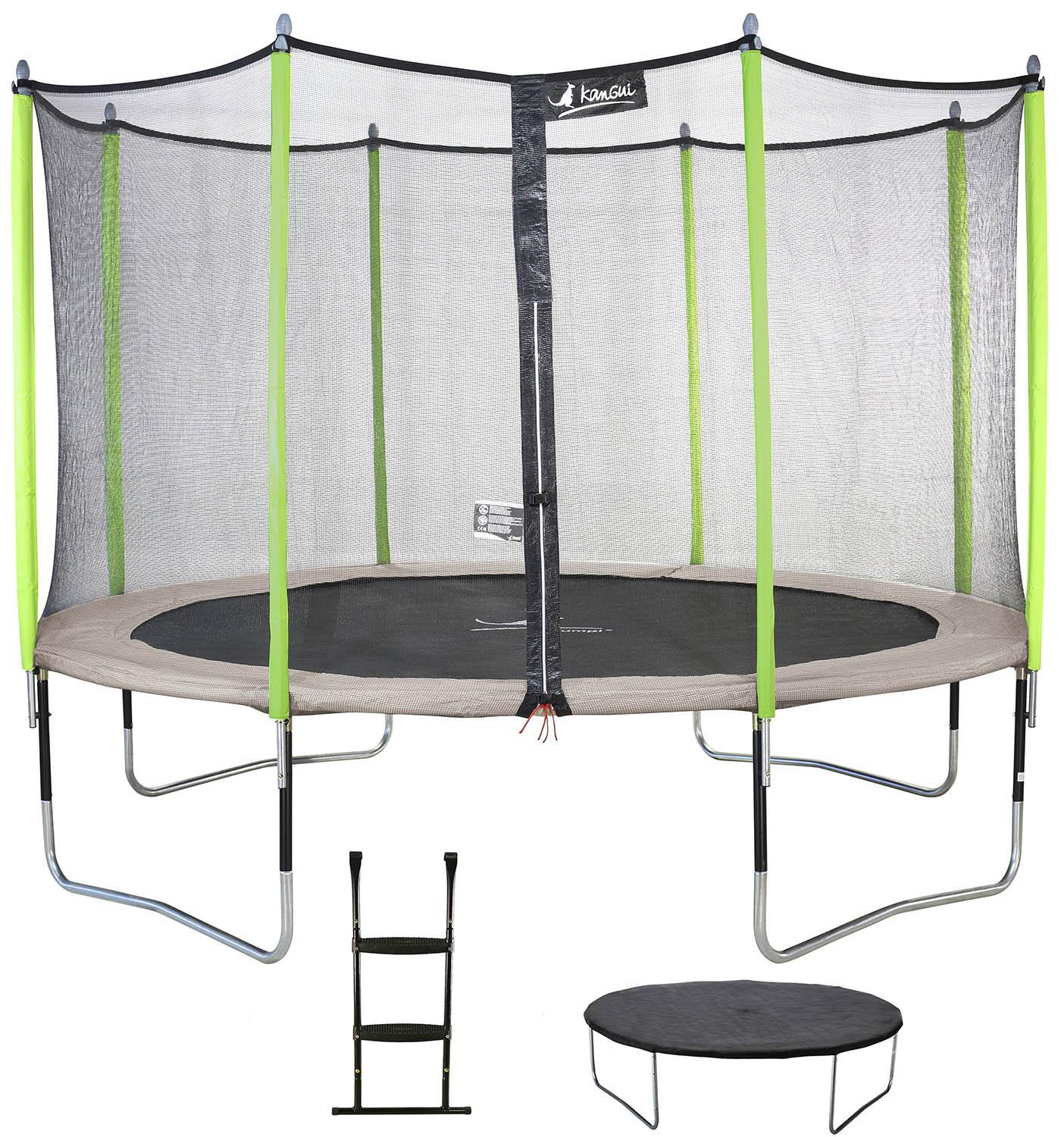 Gartentrampolin Ø 360cm + Netz + Leiter + Abdeckung - JUMPI 360 - Taupe/Grün