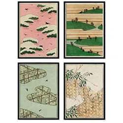 POSTER Set mit 4 Landschaftsblätter japanischen JahrgangMagazins Shin Bijutsukai A4 Schwarzer Rahmen