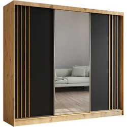 KLEIDERSCHRANK mit Spiegel-Schiebetüren und Aluminium-Leisten - NALLA - 240 cm Artisan+Schwarz+Artisan