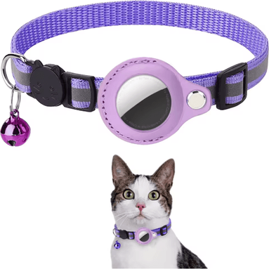 Inspire Picks Reflective Cat AirTag Collar With Breakaway Safety Buckle & Bell purple adjustable 22 32cm