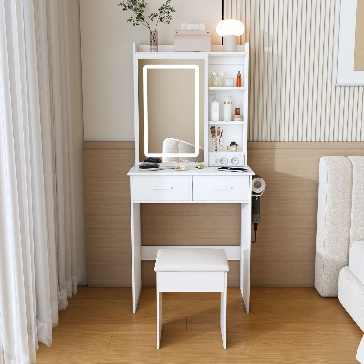 MIVRAY Kaptafel met verstelbare LED-verlichting en USB-aansluitingen - Wit
