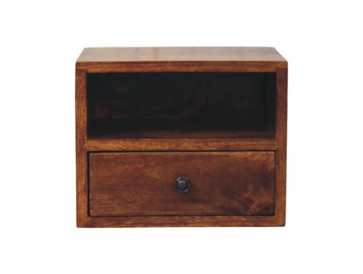 Artisan Furniture Nachttisch Massivholz Solis Chestnut Wand-Nachttisch, 1 Schublade, 1 offenes Fach, dunkelbraun, Braun, Holz, Echtholz,Mangoholz, Holz Optik, Quadratisch,Quadratisch, 30x24x25 cm, Schlafzimmer, Nachttische