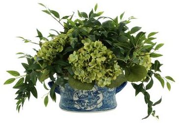 Creative Labs Hydrangea and Ruscus Arrangement in Ceramic Pot - Green, Blue, White