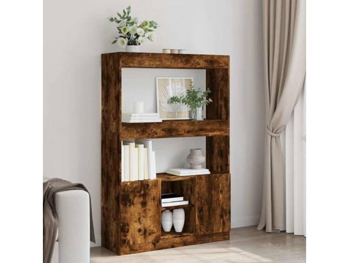 Highboard Räuchereiche 92x33x140 cm Holzwerkstoff mit Türen Stauraum Stabile Holzwerkstoff-Konstruktion, praktischer Unterschrank, vielseitig als Regal nutzbar, benötigt Wandbefestigung,