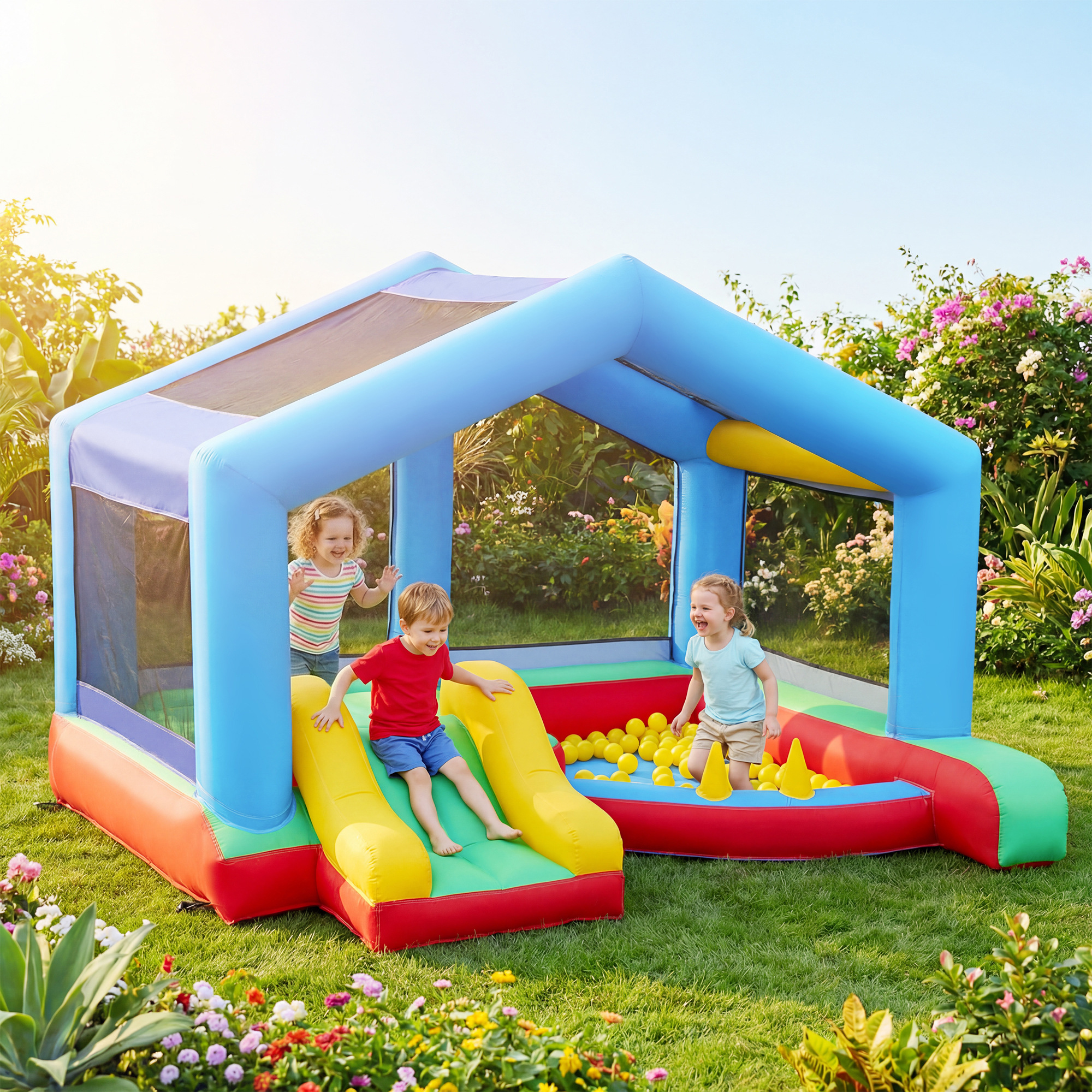 Aiyaplay Castello gonfiabile per bambini con soffiatore scivolo trampolino piscina di palline gioco degli anelli tettuccio   Aosom Italy