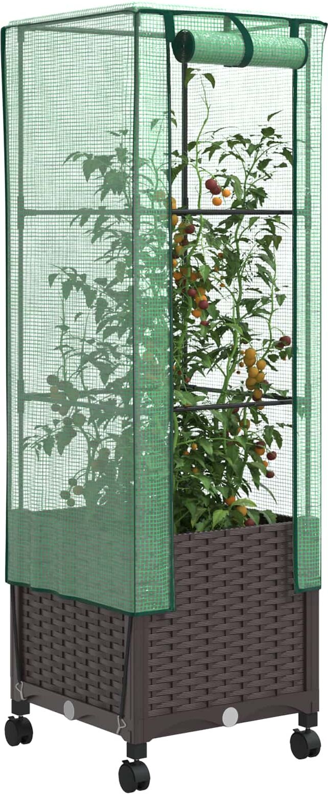 vidaXL Jardinière de jardin avec couverture de serre et roues Marron