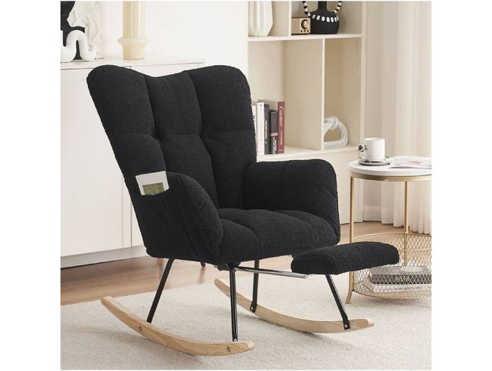 Fauteuil à bascule – Rocking chair – Noir – Teddy doux – Repose-pieds pliable – Rembourré