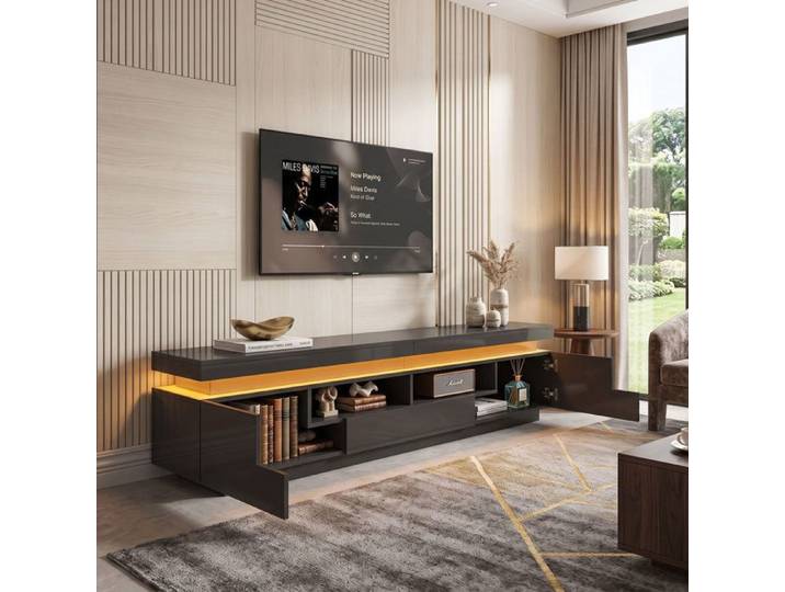 Meuble TV 175cm Grand Rangement LED Design Soigné Brillant Support TV 75  avec 2 Portes et 1 Tiroir - Noir