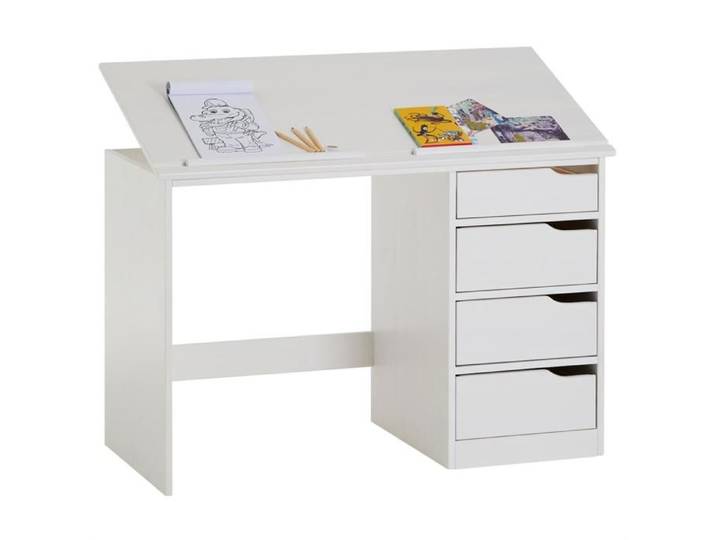 Bureau enfant écolier junior EMMA pupitre inclinable avec 4 tiroirs en pin massif lasuré blanc