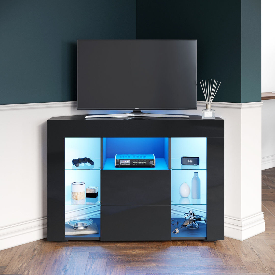 Latitude Run Aladar 100Lx40Wx68H High Gloss Particleboard Corner TV Stand & TV Cabinet, 2 Drawers 7 Storage, Fits 50" TV Black 50"