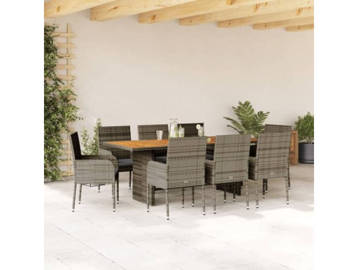HEFZGDB 9-TLG. Garten-Essgruppe mit Kissen Grau Poly Rattan, Outdoor Esstischgruppe mit Akazienholz Tischplatte und Polsterkissen, Wetterbeständige PE Rattan Gartenmöbel