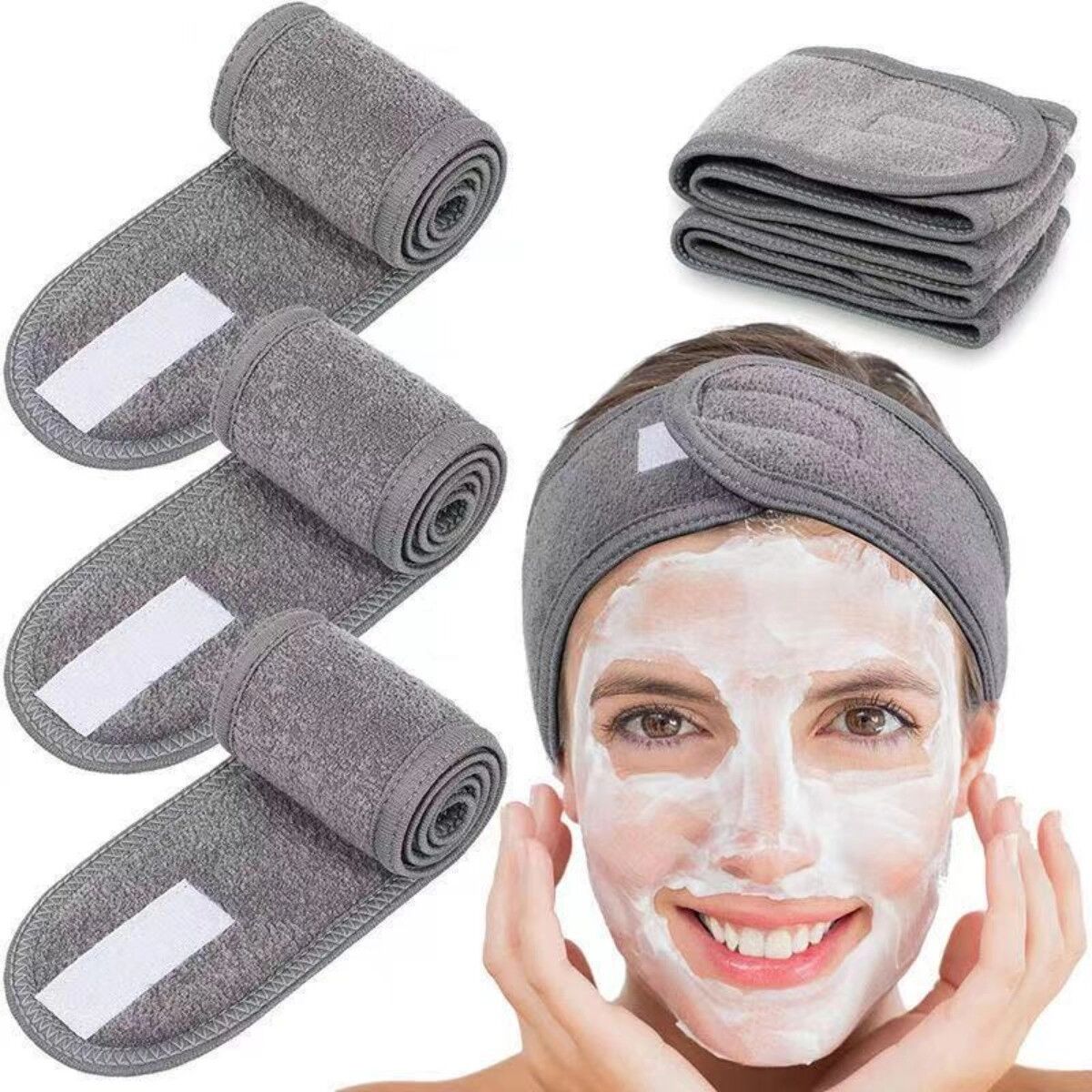 INF (3er-Set) Elastische Baumwoll-Stirnbänder mit Klettverschluss für Make-up, Sport und Yoga — Dickes beidseitig weiches Grau