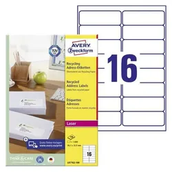 Avery, Etiketten, Recycelte Adressetiketten LR7162-100 99.1 x 33.9 mm Weiss 1600 Labels