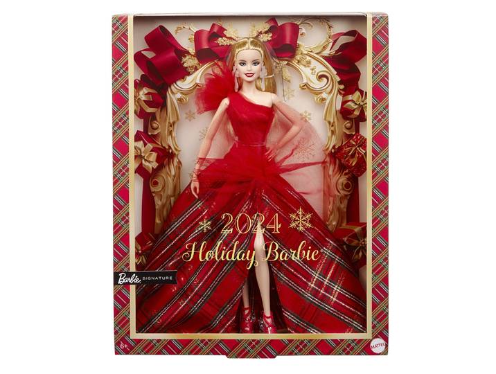 barbie joyeux noël 2024 - poupée blonde avec jupe à carreaux