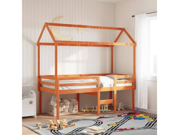 TUERYAFEK Bettdach Massivholz Kiefer Wachsbraun 217x85,5x154cm Baldachin für , offene Seite, stabiles Kieferngestell, Spielplatz-Design