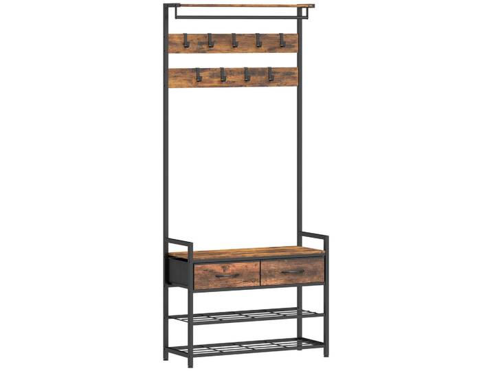Homcom Garderobenständer aus Spanplatte Rustikal Braun, Holzwerkstoff, 2 Schubladen, 30x181.5x80 cm, Garderobe, Garderobenständer