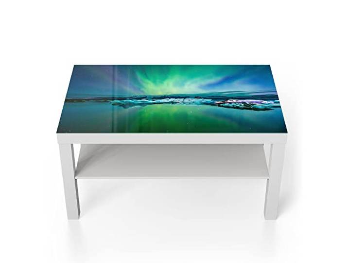 DEQORI Glastisch weiß groß 90x50 cm Motiv Leuchtendes Polarlicht ausgefallener Beistelltisch aus Glas Hochglanz Couchtisch fürs Wohnzimmer moderner Couch Tisch mit Design