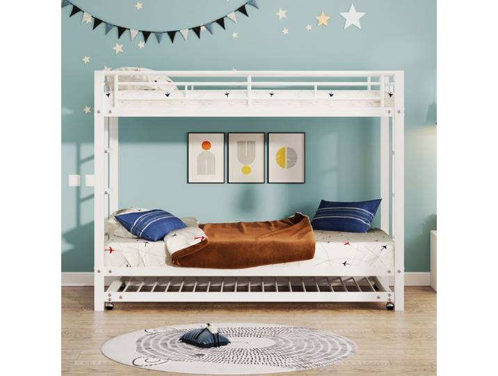 DRIPEX Lit superposé 90x200cm cadre de lit en fer équipé un lit gigogne 90×190cm Lit en fer avec deux échelles Blanc